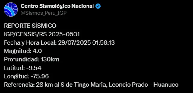  Sismo de magnitud de 4,0 sacude Huánuco. Foto: IGP   
