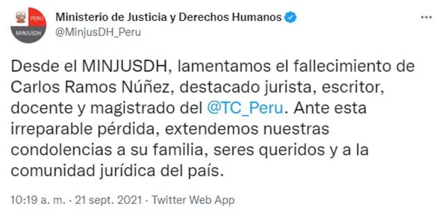 Ministerio de Justicia lamenta "irreparable pérdida" del magistrado del TC Carlos Ramos