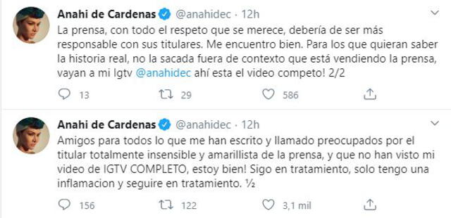 Anahí de Cárdenas responde a fans que le preguntaron por su estado de salud.