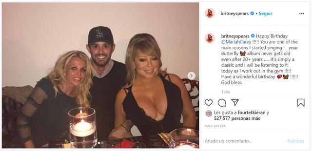 La publicación en Instagram que realizó Britney Spears saludando a Mariah Carey.