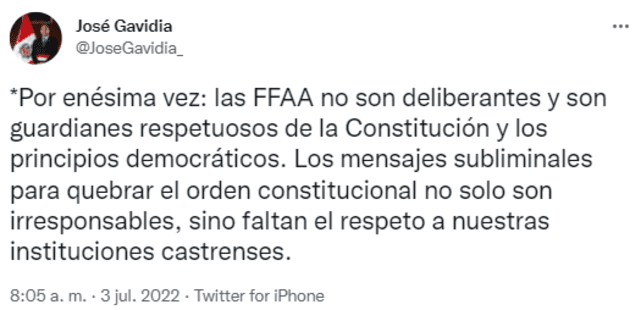 José Gavidia se pronunció en sus redes sociales comentando sobre las Fuerzas Armadas