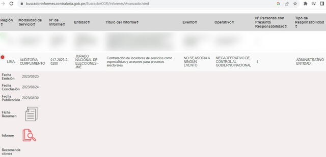  Informe n.° 017-2023-2-0280, titulado 'Contratación de locadores de servicios como especialistas y asesores para procesos electorales'. Foto: captura en web/Contraloría General de La República   