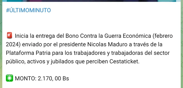 El Bono de Guerra Económica de febrero de 2024 fue anunciado por el Gobierno de Nicolás Maduro. Foto: Canal Patria Digital    