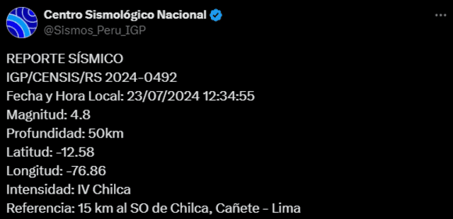 Temblor de magnitud 4.8 remeció Lima hoy, según IGP