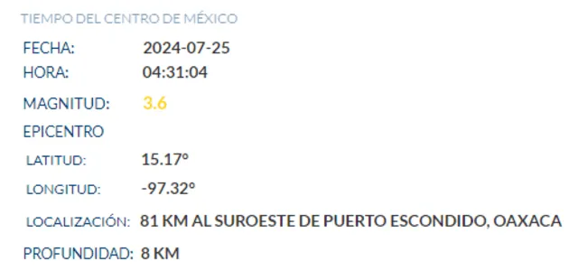  Información del último sismo en México. Foto: SSN 