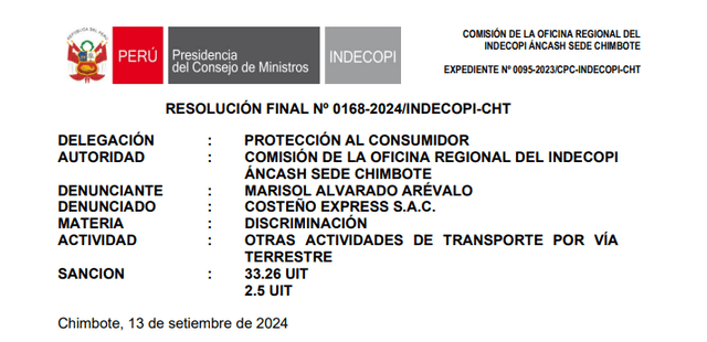  Resolución Final N.º 0168-2024/INDECOPI-CHT. Foto: captura de pantalla/Plataforma del Gobierno del Perú   