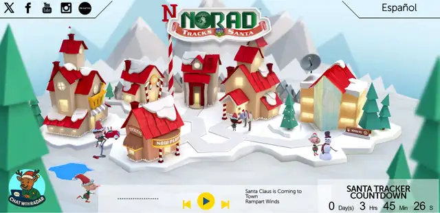  Música navideña de fondo acompaña en la espera por el recorrido de Papá Noel por la Navidad 2025. Foto: NORAD Tracks Santa<br>    