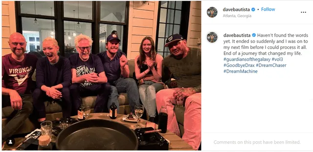 Dave Bautista se despide de Drax con foto desde el detrás de cámaras. Foto: Instagram/@davebautista