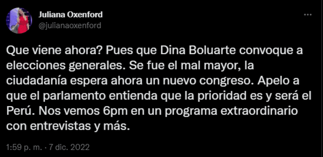 Juliana Oxenford en contra del golpe de Estado de Pedro Castillo