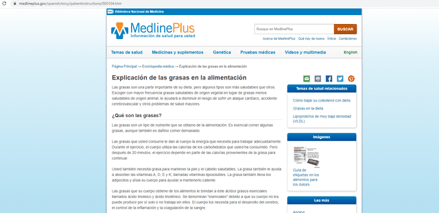 Información sobre grasas. Foto: captura en página web / Medline Plus.