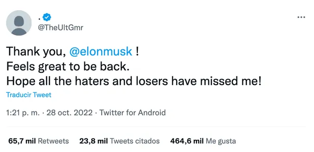 Tuit publicado el 28 de octubre, horas después de la compra de Twitter por Elon Musk. Foto: captura LR/Facebook.
