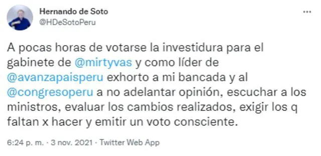 Hernando de Soto se pronunció sobre el voto de confianza en las redes sociales. Foto: captura Twitter