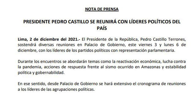 Pedro Castillo se reunirá con líderes políticos que tengan representación parlamentaria.