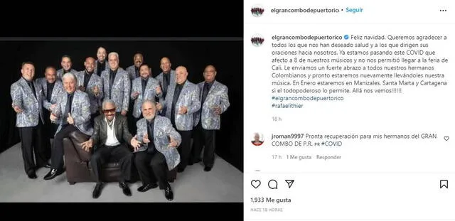 El Gran Combo confirmó contagio de COVID en ocho de sus músicos. Foto: El Gran Combo/ Instagram