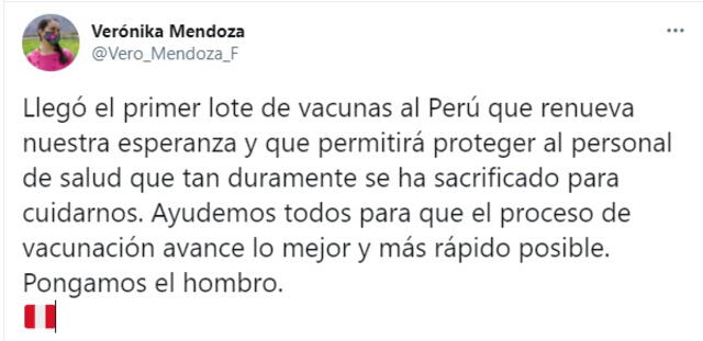 Tweet de Verónica Mendoza. Foto: captura