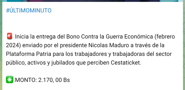 El Bono de Guerra a los trabajadores públicos llegó el 15 de febrero. Foto: Canal Patria Digital/Telegram