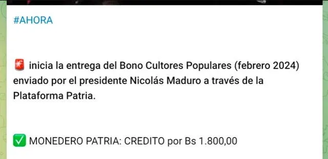 Anuncio del Bono Cultores Populares en febrero. Foto: Canal Patria Digital   