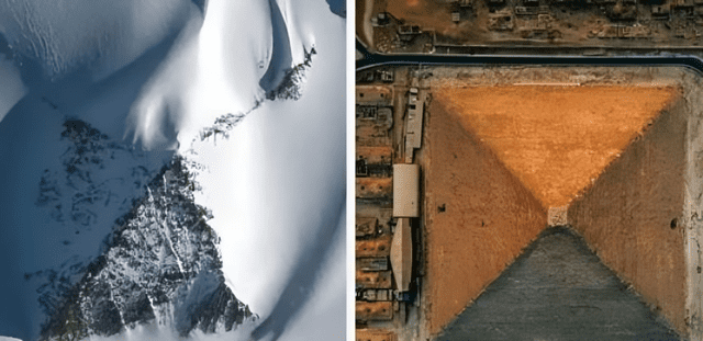  Vista aérea de la 'pirámide' antártica y la egipcia. Foto: A24<br>    