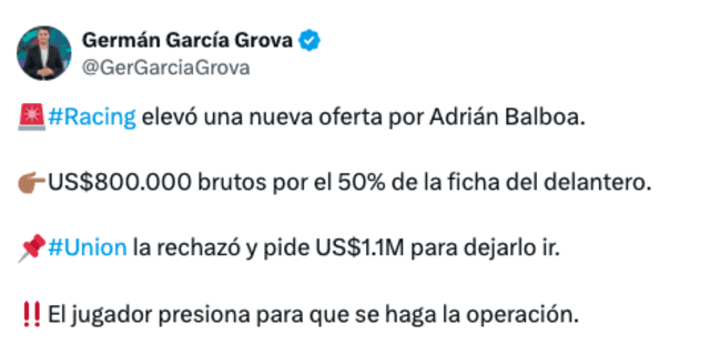 Oferta de Racing por Adrián Balboa. Foto: Twitter   