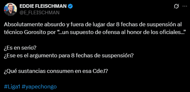 Para Fleischman, el gesto de Gorosito fue para desaprobar el actuar de Bruno Pérez. Foto: captura de X Para Fleischman, el gesto de Gorosito fue para desaprobar el actuar de Bruno Pérez. Foto: captura de X