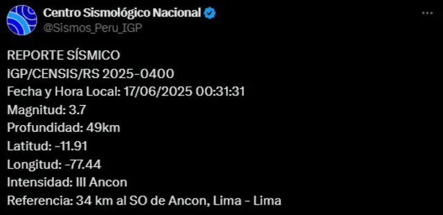Sismo de magnitud 3.7 sacude Lima. Foto: IGP Sismo de magnitud 3.7 sacude Lima. Foto: IGP
