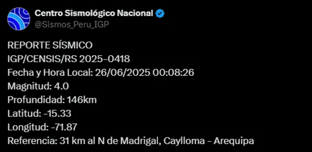 Sismo de magnitud 4.0 sacude Arequipa. Foto: IGP Sismo de magnitud 4.0 sacude Arequipa. Foto: IGP