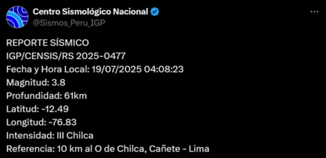 Sismo de magnitud de 3,8 sacude Lima. Foto: IGP Sismo de magnitud de 3,8 sacude Lima. Foto: IGP