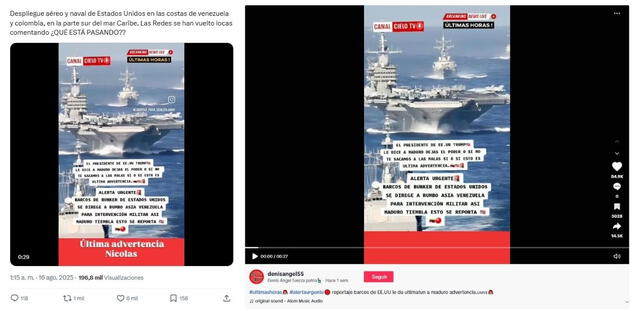<em>Desinformación sobre el reciente despliegue de barcos de EE.UU. a Venezuela. Foto: captura de X / TikTok</em>   