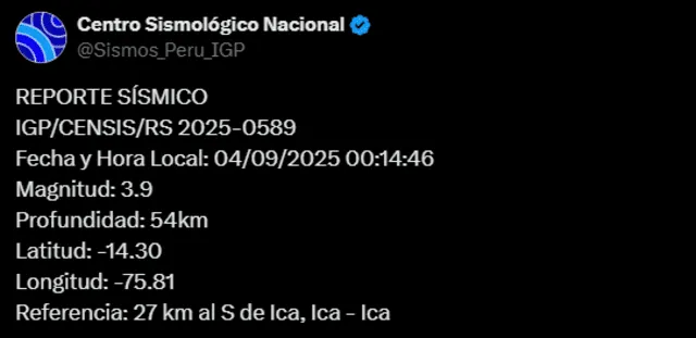  Sismo de magnitud de 3,9 sacude Ica. Foto: IGP   