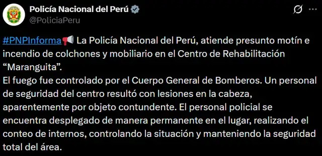 Comunicado de la PNP. Foto: captura X.   