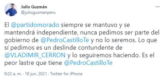Julio Guzmán respondió a Vladimir Cerrón