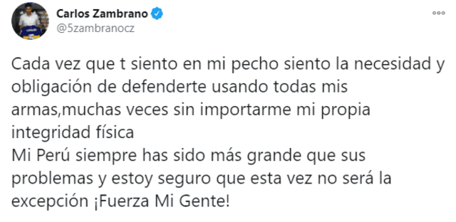 Mensaje de Carlos Zambrano en su cuenta de Twitter.
