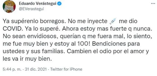 Eduardo Verástegui se reafirma en su postura anti vacuna.