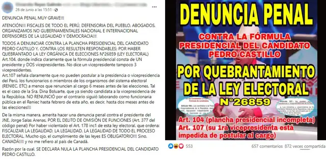 Una publicación señala que Perú Libre quebrantó la Ley Electoral por participar con una sola candidatura a la vicepresidencia. Foto: captura en Facebook.