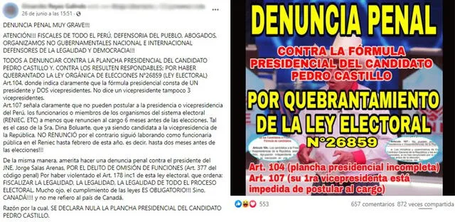 Una publicación señala que Perú Libre quebrantó la Ley Electoral por participar con una sola candidatura a la vicepresidencia. Foto: captura en Facebook.