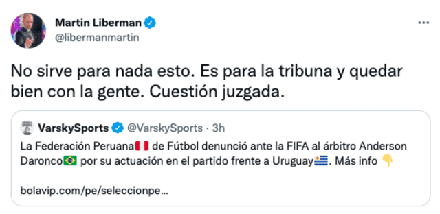 Mensaje de Martín Liberman sobre el reclamo de la FPF. Foto: captura Twitter Martín Liberman
