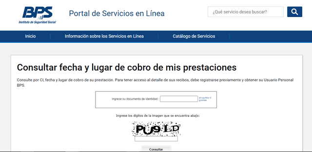 Plataforma de consulta de la fecha y lugar de cobro de las prestaciones en Uruguay. (Foto: Captura/BPS)