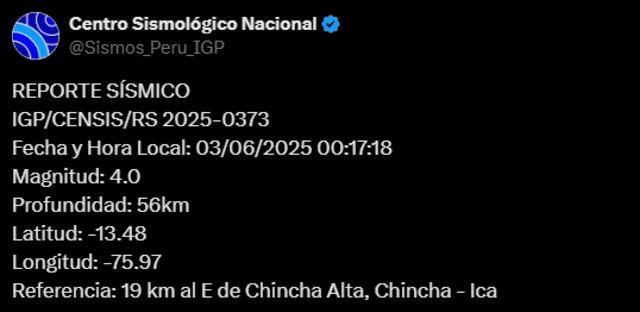 Sismo de magnitud 4.0 sacude Ica. Foto: IGP Sismo de magnitud 4.0 sacude Ica. Foto: IGP