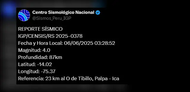 Sismo de magnitud 4.0 sacude Ica. Foto: IGP Sismo de magnitud 4.0 sacude Ica. Foto: IGP