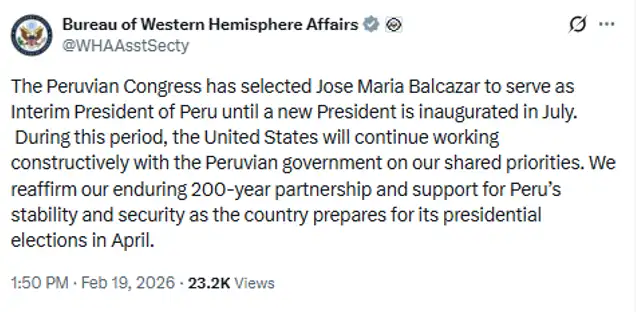  Mensaje de la Oficina de Asuntos del Hemisferio Occidental en X (antes Twitter)   