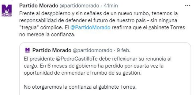 Partido Morado sobre voto de confianza a gabinete de Aníbal Torres. Foto: Captura Twitter