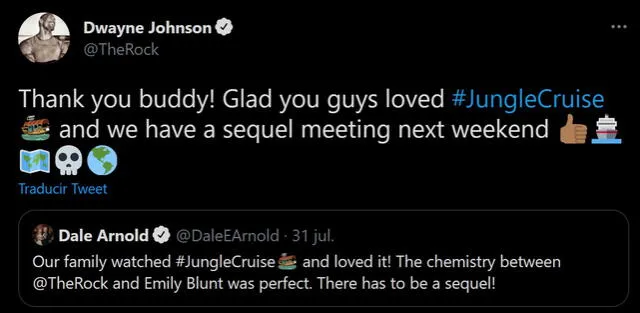 Dwayne Johnson confirma reunión para segunda entrega de Jungle Cruise. Foto: Twitter/@TheRock