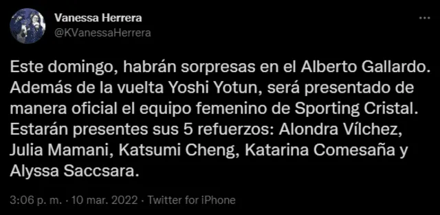 Este fue el tuit de Herrera sobre Sporting Cristal. Foto: captura Vanessa Herrera twitter