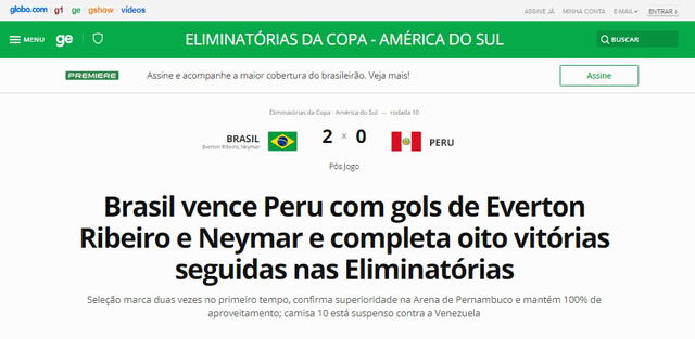 "La selección mantiene el 100% de acierto", señala el medio brasileño. Foto: Globo.com
