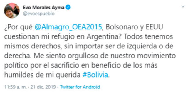 Uno de los últimos tuits de Evo Morales. Foto: captura de pantalla