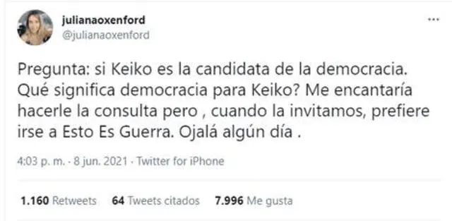 Juliana Oxenford sobre Keiko Fujimori: Cuando la invitamos prefiere irse a Esto es guerra