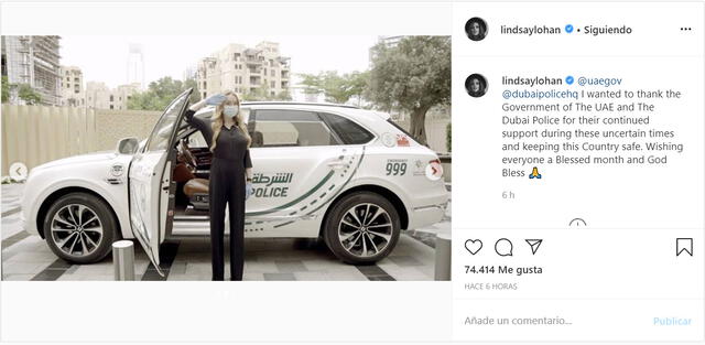 La publicación de Lindsay Lohan en Instagram, agradecida con la seguridad en Dubái.