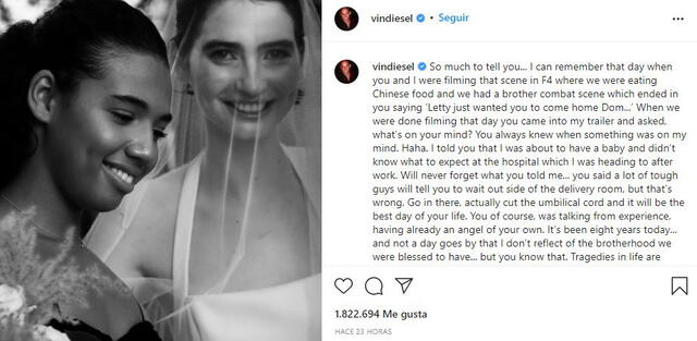 Publicación de Vin Diesel Foto: Instagram