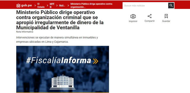 Nota de prensa del Ministerio Público. Foto: captura en web / Gobierno.