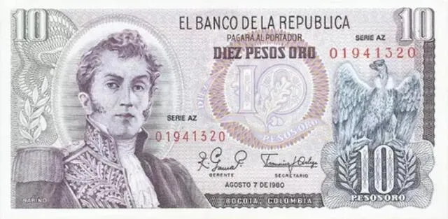  Este billete de 10 pesos colombianos destaca por sus diseños llamativos. Foto: Mercado Libre de Colombia<br>    